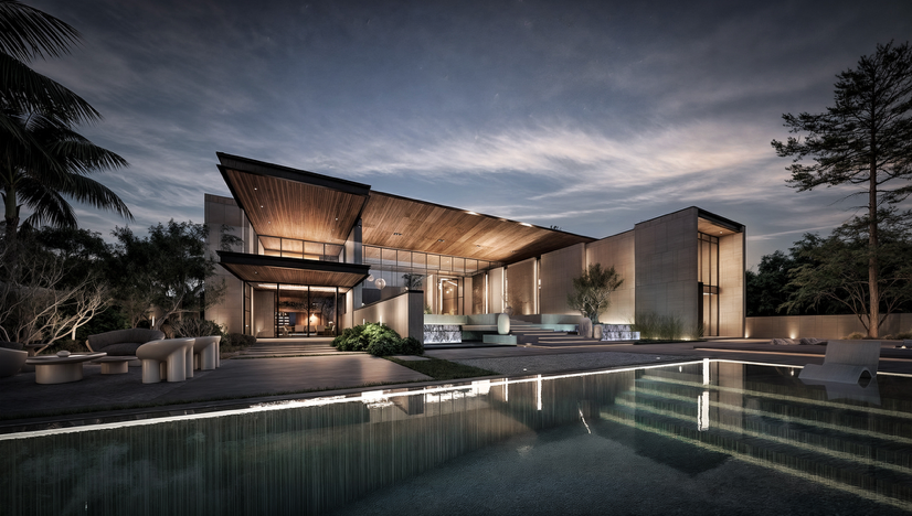 An Imperium Group villa at dusk — stone volumes, glazing and a still reflecting pool