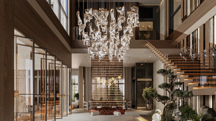 A double-height interior by Imperium Group — timber stair, stone floor and a full-height glazed wall