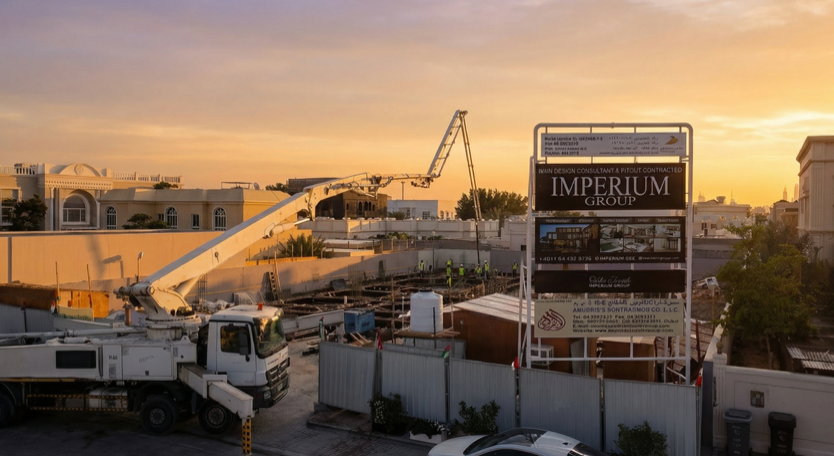 An Imperium Group site at golden hour, the studio hoarding standing against the frame of a villa under construction